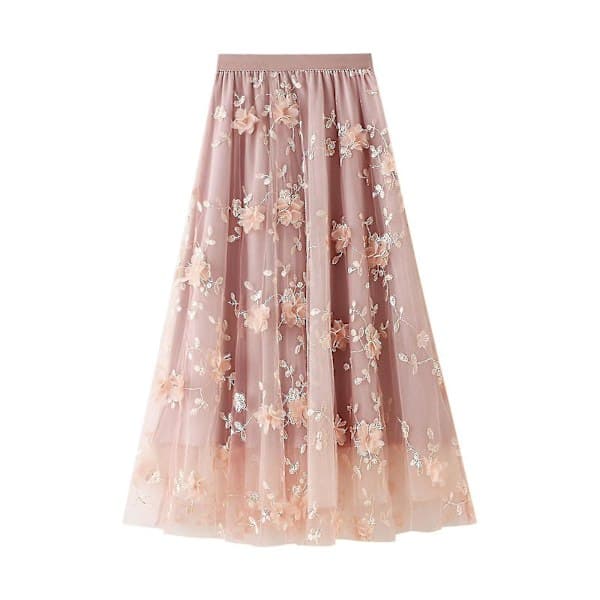 Lang tyllskjørt for kvinner med 3D-blomsterbroderi, ensfarget, høy midje, mesh, midi, svingkjole (rosa)