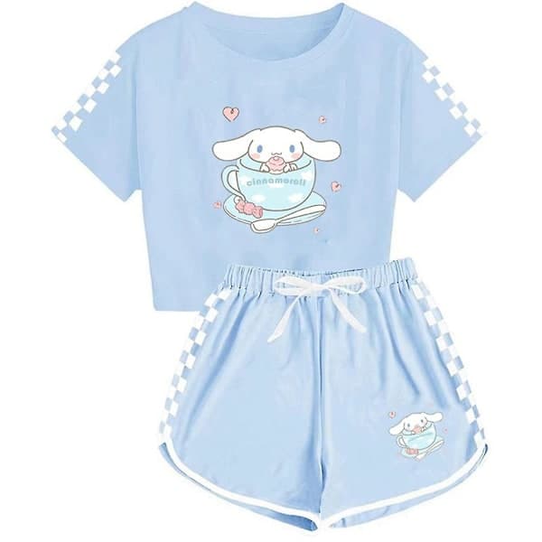 5-14 år jenter Cinnamoroll treningssett søt tegneserie anime kortarmet t-skjorte + shorts sett fritidsklær sportsklær [HK] Lyseblå