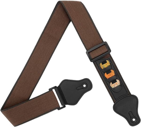 Gitarreim, 100% Myk Bomullsreim med 3 Plekterholdere Skulderreim for Bass, Elektrisk & Akustisk Gitar (Kaffe)