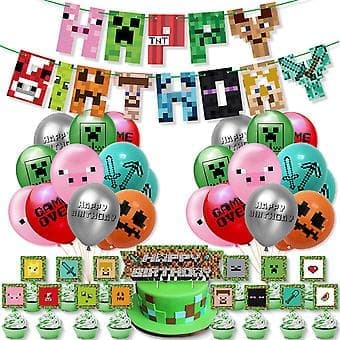 Minecraft-tema barnebursdagsdekorasjoner, festutstyr, ballonger, banner, kaketopper, sett