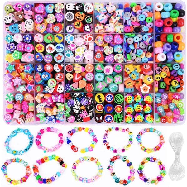 1000 stk. Polymerleireperler Armbånd Lagingssett, 24 stiler Søte Morsomme Perler Blomst Dyr Kake Sommerfugl Hjerte for Smykker Halskjede Ørepynt