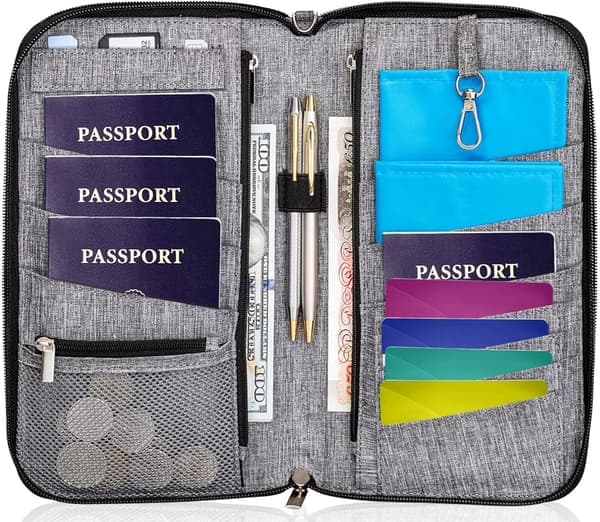 Premium Familie Reise Dokument Organiser Romslig RFID Passholder Lommebok (Stor, Grå)