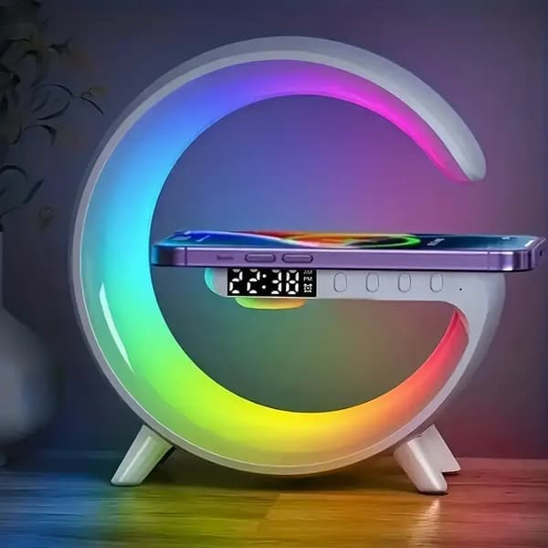 Trådløs høyttaler med trådløs hurtiglading, rytme RGB-lys, smart bar-lys, soloppgangsvekkerklokke, vekkelys for soverom, dimbar bordlampe.