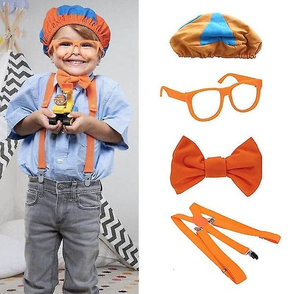 Vær som Blippi Dress Up! Rollespill Kostyme Lue Briller Seler Sløyfe-G