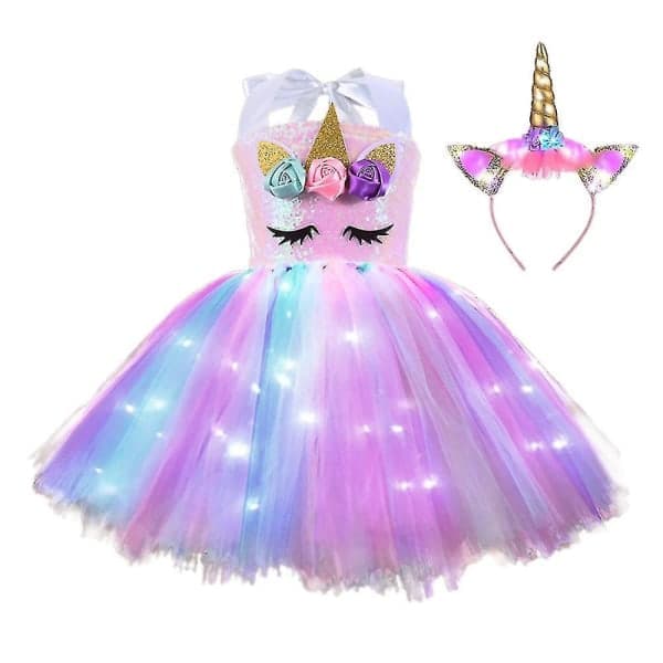 Barne Jenter Enhjørning Kostyme LED Lys Tutu Kjole + Pannebånd Antrekk Sett Cosplay Karneval Bursdagsfest B 4-6 Šr‘-PO-