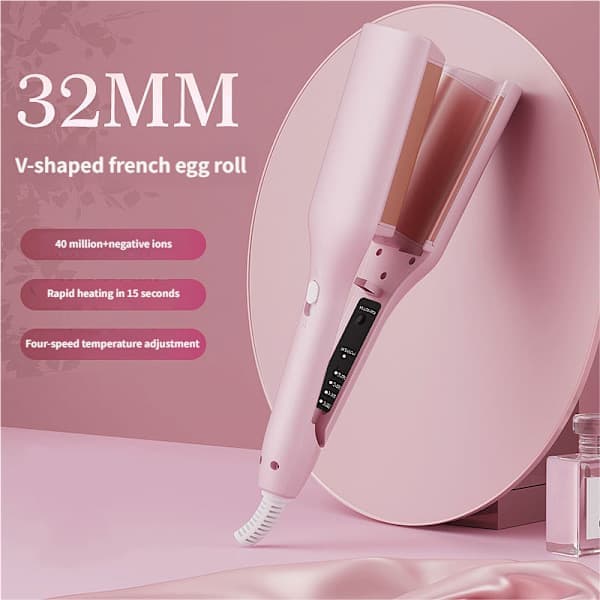 Krølltang for store krøller 32 mm, fransk bølgejern, krølltang for strandbølger, 4 temperaturinnstillinger, 15 sekunder rask oppvarming, rosa