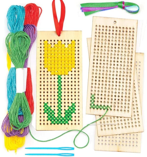 Korsstingsett, 4 pakker broderikit for nybegynnere, korssting broderikit med korsstingramme, nåler, tråder, bånd for barn nybegynnere,