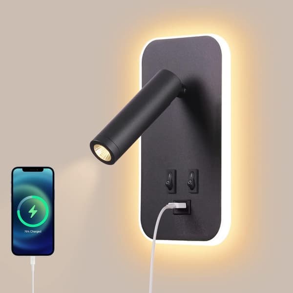 LED-vegglampe, nattbordslampe med bryter, USB-ladeport, justerbar spotlight for soverom [Energiklasse F]