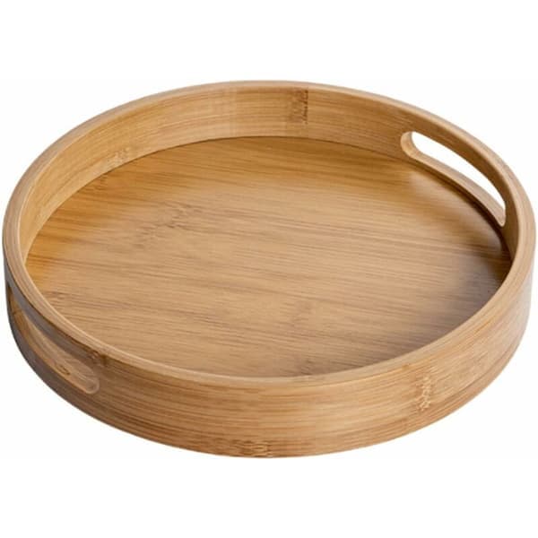 Rund serveringsbrett i tre med håndtak (brun), 25x25x4cm, rund dekorativt brett, naturlig bambus, dekorativt brett for kafé, bar, restaurant