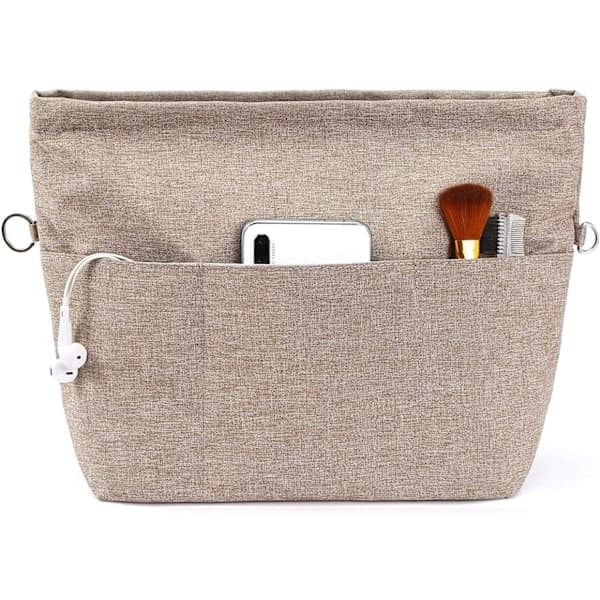 Håndveskeorganisatorinnlegg, Tote Bag-organisatorinnlegg med flere rom og glidelåser, solid veskeinnleggorganisator med nøkkelring. Lysebrun, M