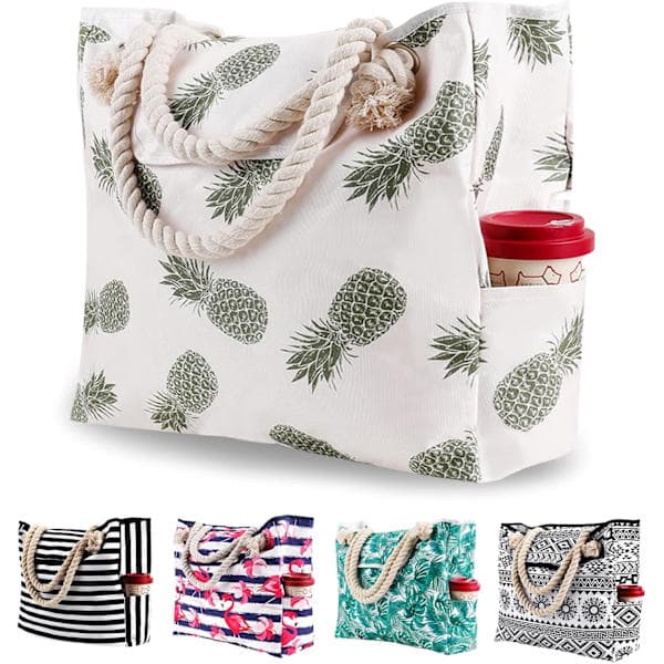 Stor Strandveske i Lerret, Sommer Reise Shopping Bag Tote med Magnetisk Spenne