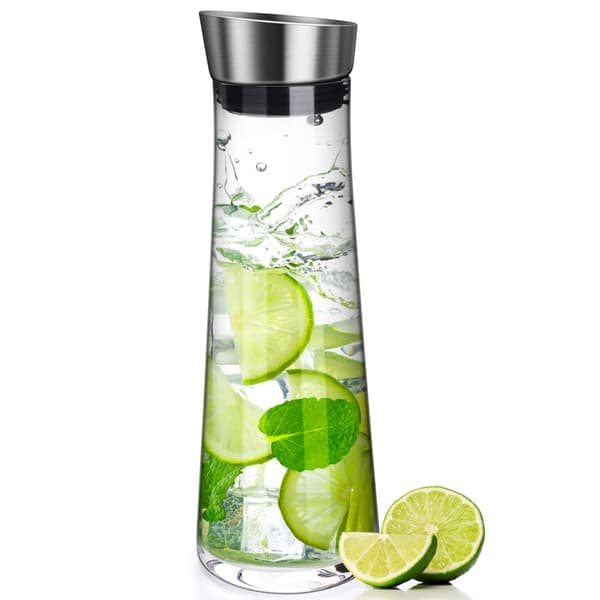 Glasskaraffel, 1 liter lekkasjesikker glasskaraffel med rustfritt stål vipplokk for vann, melk, juice og limonade
