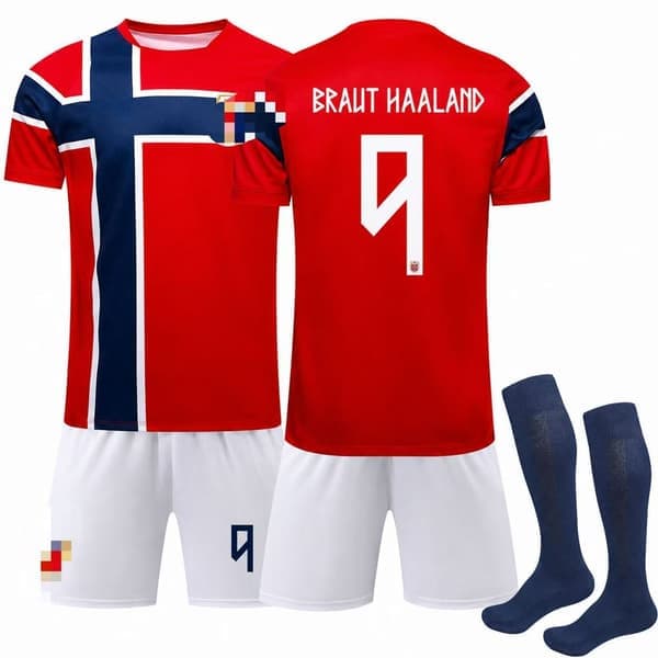 vm2026 Norges herrelandslag hjemmedrakt for barn + shorts + sokker (nr. 9 Haaland trykt) 28
