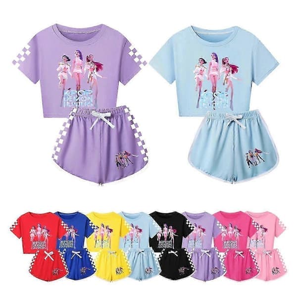 Jenter KPop Demon Hunters Treningsdresssett - Kort T-skjorte og Shorts Antrekk