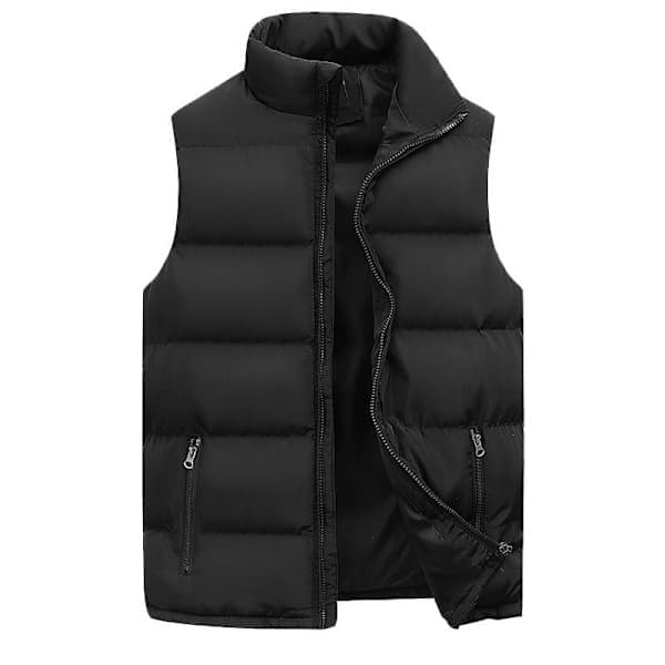 Varm Ermeløs Vest for Menn Vinterjakke med Glidelås Vanntett Frakk Casual Ståkrage Høstvest Svart 2XL