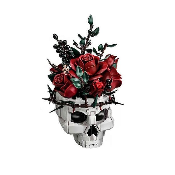Skjelett hodeskalle byggekloss sett, Hodeskalle rosebukett DIY sett for voksne, Skjelett plantepotte, Halloween dekor