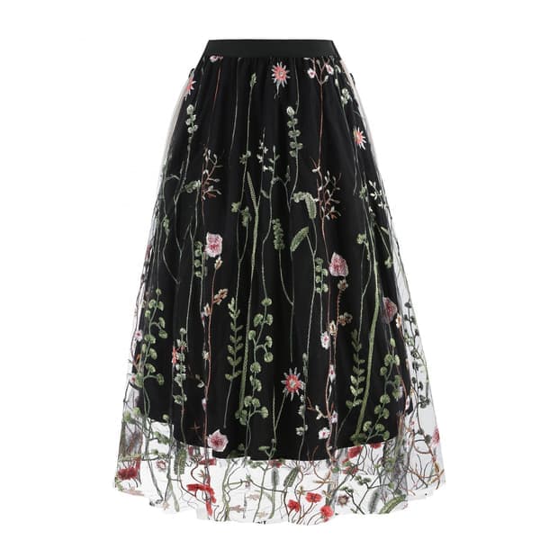Blomstrete broderiskjørt for kvinner, elastisk midje, elegant blondekantet tyllskjørt for fester, svart M