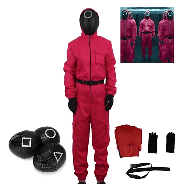 Barn Halloween Squid Game Cosplay Jumpsuit Cosplay Kostymesett - HZ rød + trekantmaske