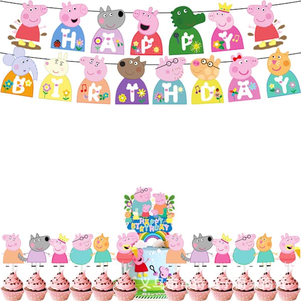 Peppa Gris tema barnebursdag dekorasjonstilbehør rosa gris ballong flagg kakedekorasjonssett