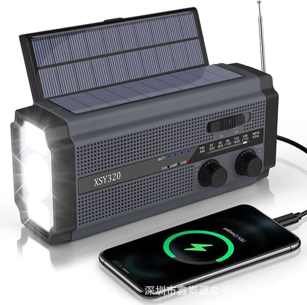 Bærbar Håndsveiv Solcelle Radio Utendørs LED Lommelykt AM/FM Radio 5000mAh Batteri /grå