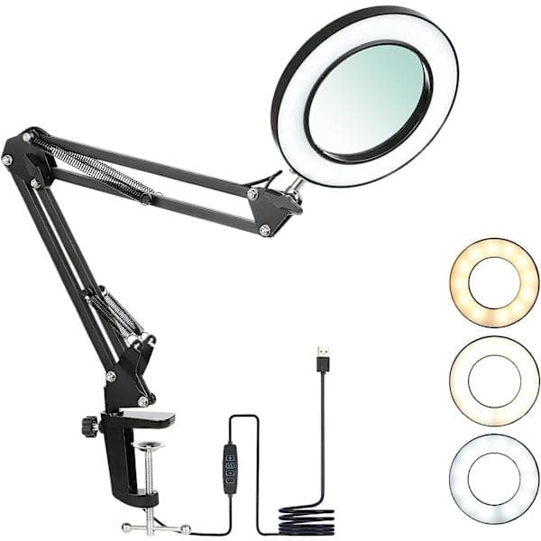LED-forstørrelseslampe med klemme, forstørrelsesglass med lys 8 dioptrier