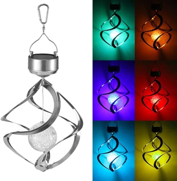 LED Solar Revolving Wind Chimes Hanging Spiral Solar Lights Outdoors