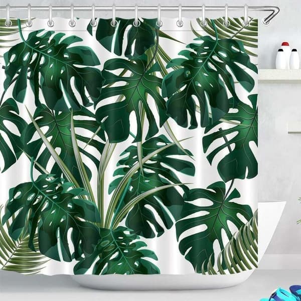 180X200Cm Dusjforheng Mørkegrønne Monstera-blader Vanntett Muggsikkert Hvit