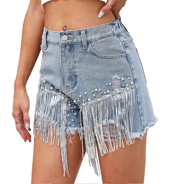 Dame Fritidsshorts Polyester Komfortabel Myk Rhinestone Perlebroderte Frynse Shorts for Shopping Blå L