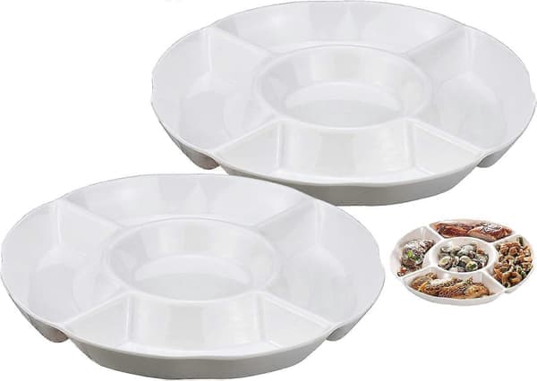 2 stk. Snacktallerken, 5-roms plastsnacktallerken for fruktsnacks eller godteri - 25 x 3 cm, hvit