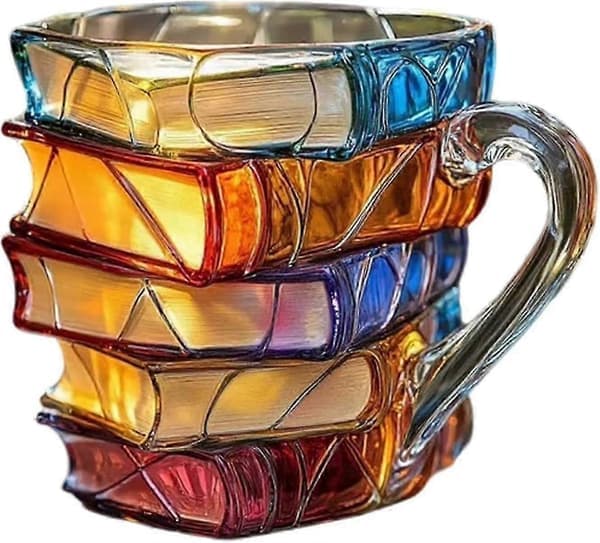 Malt Bokkrus, 2025 Ny 3D-malt Glass Bokkrus kompatibel med varme eller kalde drikker, Nyhet Bøker Stablet Formet Kaffekrus Gaver kompatibel