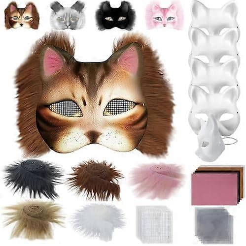 Kattemaske med pels og nettingøye, blanke papirmasker for DIY, hvite malepapirmasker, kattemaske for DIY Halloween Mardi Gras-fest