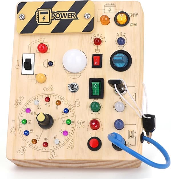 Busy Board Montessori-leketøy, aktivitetsbrett, sensorisk baby leketøy, med 10 brytere og 23 LED-lys, treleketøy, reise