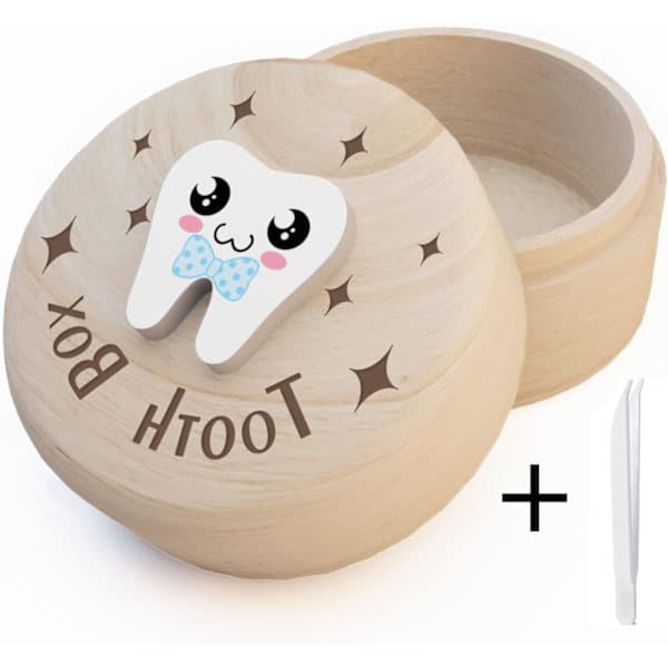 Tannboks i tre for baby, første tann, minneboks med liten pinsett, babyshower-gave til gutter og jenter