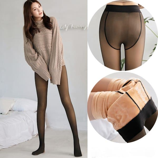Gjennomsiktige varme fleece-tights, fleeceforede tights for damer - termiske vintertights, store, 230 g