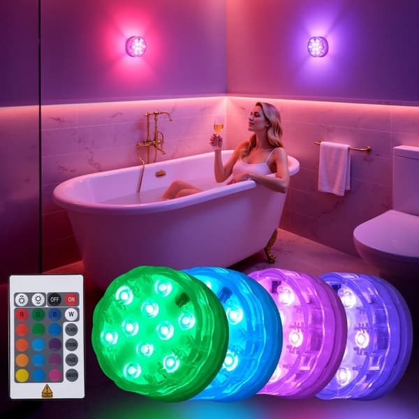 Trådløs LED dusjlampe med fjernkontroll, vanntett RGB fargeskiftende lampe for bad og badekar, batteridrevet ambient