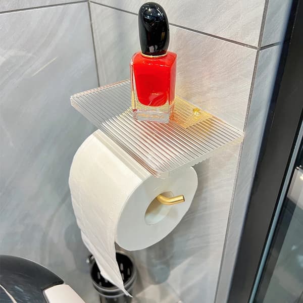 Deluxe Gull Toalettpapirholder med Hylle, Ingen Hull Akryl Rullholder Papirhåndkle Henger Baderomstilbehør