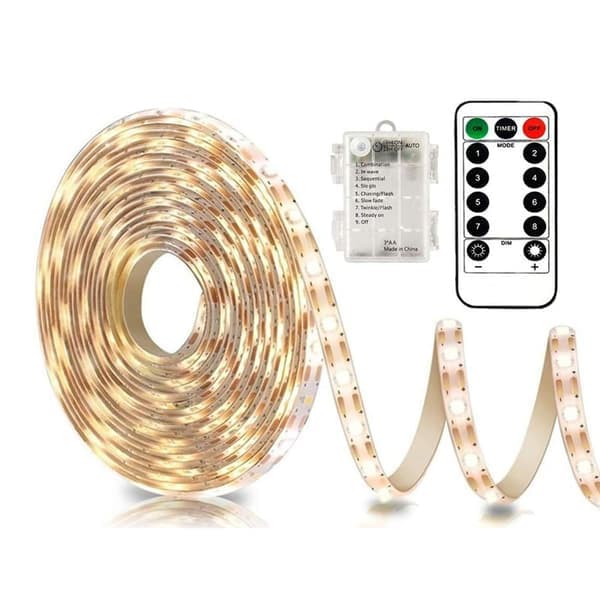 3m Batteri LED Strip Lys med Fjernkontroll, Vanntett, 8 Moduser, Dimbar, Timer, Selvklebende Klippbar (Varm Hvit)