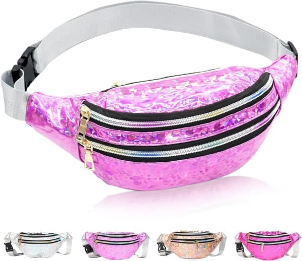 Holografisk Bumbag Mote PU Lær Midjeveske Vanntett Neon Fanny Pack for Reise Løping Hiking