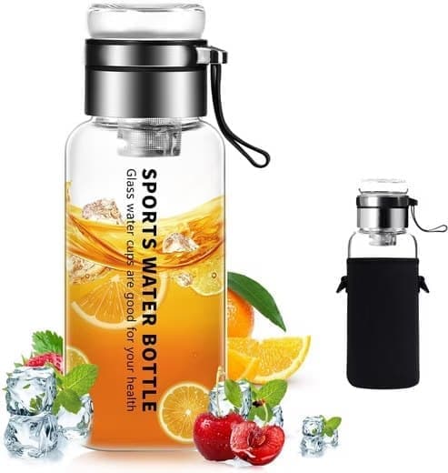 1L Glassflaske - Vannflaske i glass med neoprenhylse - Glassdrikkeflaske med rustfritt stålfilter_qq