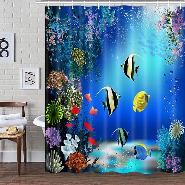 Ocean Kids Bad Underwater Dusjforheng, Fargerik Tropisk Fisk Korall Hav Dyr Stoff Blå Dusj