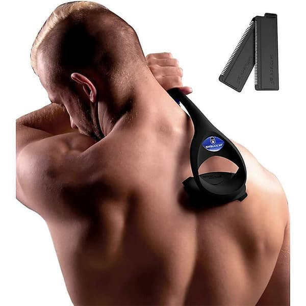 Hårfjerning for rygg og kropp (DIY), ergonomisk håndtak, våt eller tørr barbering (ekstra blad inkludert) (W)