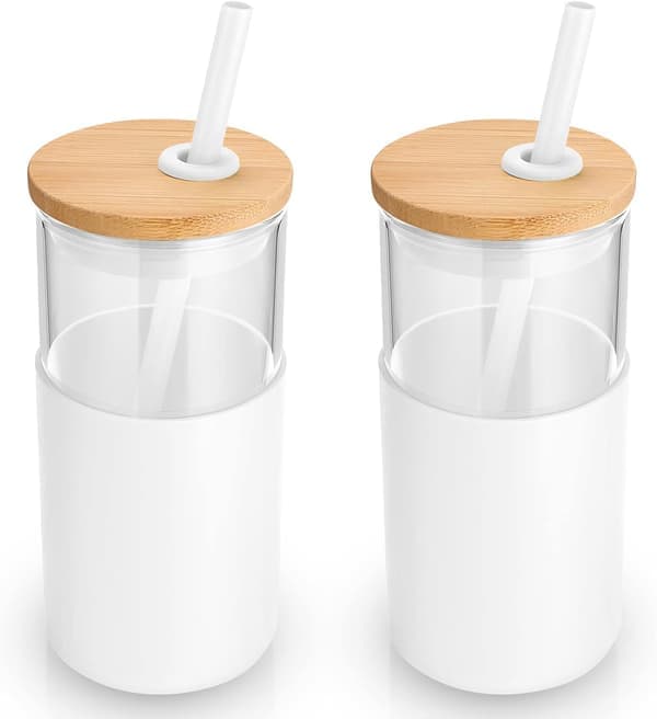 16 oz glass tumbler med sugerør og bambuslokk, iskaffe kopp gjenbrukbar, smoothie kopper, tumbler med silikon beskyttelseshylse-hvit—yux