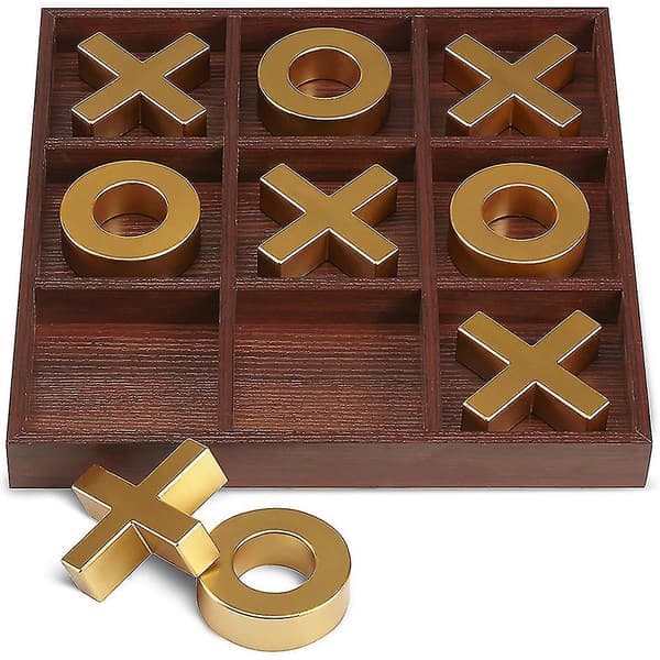 Tic-Tac-Toe Brettspill i Massivt Tre - 10 Deler Premium Giant Gull 14 tommer - Utendørs/Innendørs Festsett Leke For Barn/Voksne - Hageunderholdning