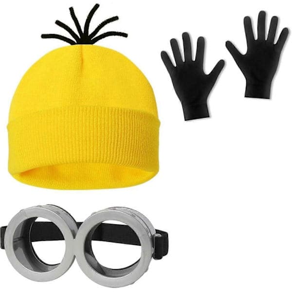 2025 Nye Dame Herre Halloween Søte Mini-ons Kostymer Mini-ons Tilbehør Inkluderer Vernebriller Gul Beanie Strikkede luer Svarte Hansker Mini Gul M