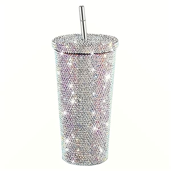 500ml Kopp med lokk og sugerør, gjenbrukbar, med rhinestones, rustfritt stål, dobbelt lag, termokopper, glitterkopp, vannflaske, gave til kvinner