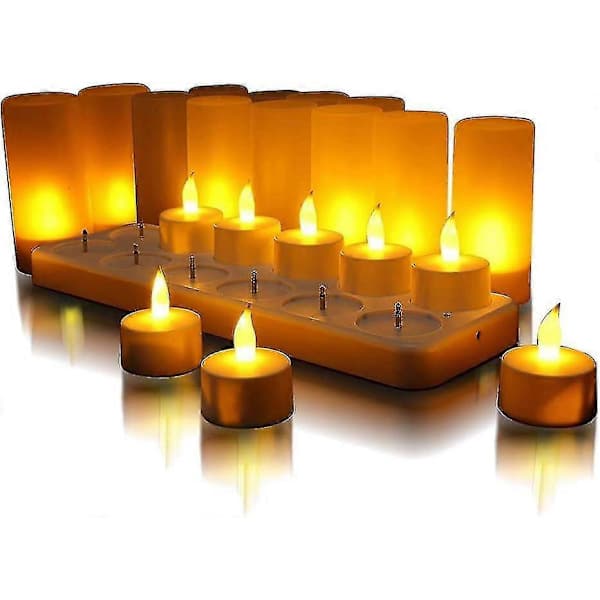 Pakke med 12 oppladbare LED-lys med stativ, flimrende flammeløse elektriske lys for jul, bryllup, fest (FMY)