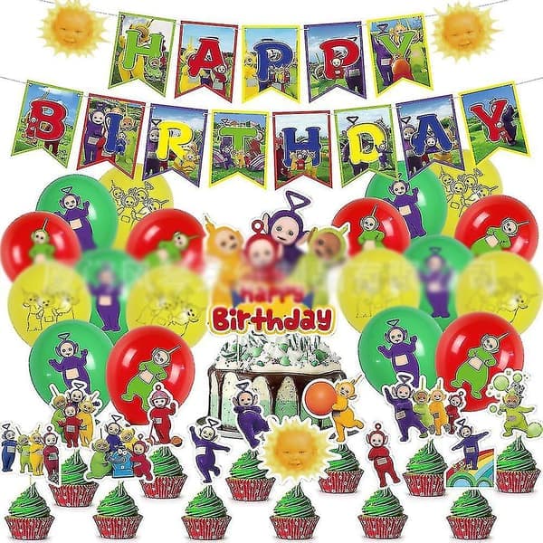 Teletubbies Tema Bursdagsdekorasjon Festutstyr Inkluderer Gratulerer Med Dagen Banner Ballongsett Cupcakes Topper Kake Topper For Barn Fans-yvan 