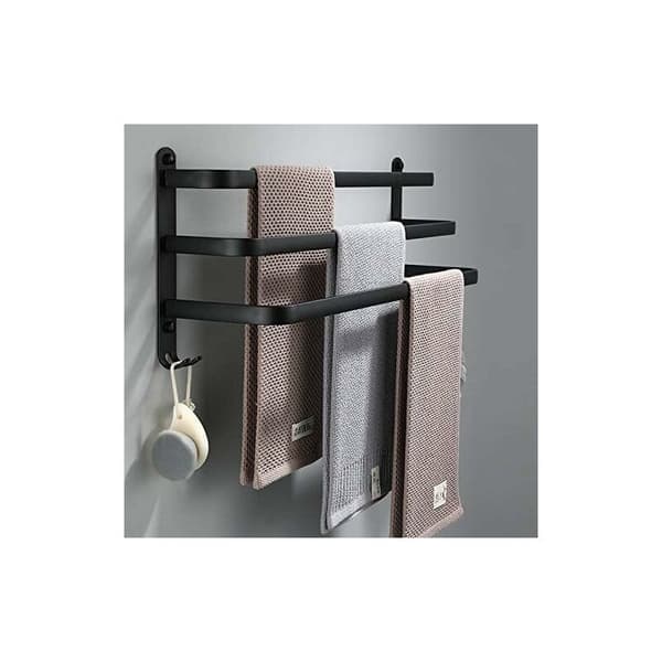 Svart baderomshåndklestang - Veggmontert selvklebende håndklestang - Vanntett med krok (50cm, tre stenger)