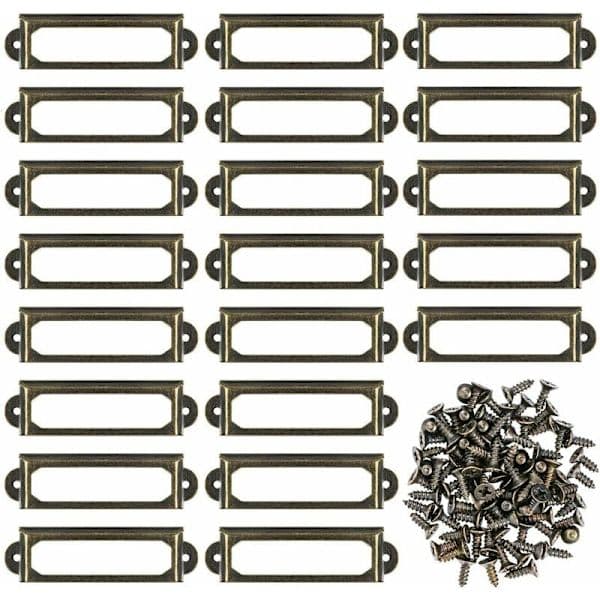 50 stk metallskiltholdere for møbelskaper, skuffer, kort, navneskilt, rammer med skruer for skrivebord, bokhylle, bokhyller, bronse (S 59 x 17 mm)