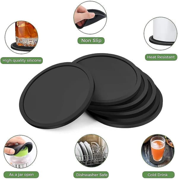 Sett med 6 svarte silikon-underlag for glass, drikkekopper, kaffekopper, flasker, bokser